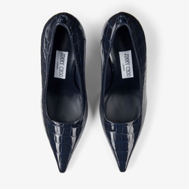 Jimmy Choo blue croc-embossed patent leather pointed-toe court shoes, overhead flat-lay view showing pair together
