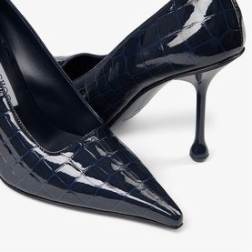 Jimmy Choo blue croc-embossed patent leather pointed-toe stiletto heel pumps, close-up detail of toe and heel