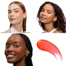 Lanc&ocirc;me Blush in 00 Peach n Roses shown on three models with varying skin tones, alongside a sheer coral-peach product swatch.