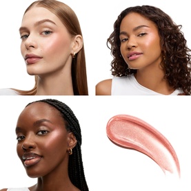 Lanc&ocirc;me highlighter in 04 Strawberry Glow Cream shown on three models with varied skin tones, alongside a pink shimmer swatch