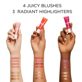 Lanc&ocirc;me Strawberry Glow Cream Highlighter swatched on three arms alongside four blush and three highlighter shades in pink, coral and berry tones