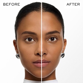 Model with Lanc&ocirc;me UVEX Supra Screen Stick SPF50 before and after comparison showing even, radiant skin tone result