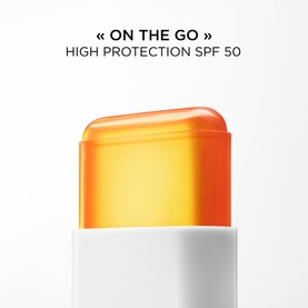 Lanc&ocirc;me UVEX Supra Screen Stick SPF50 in orange and white stick format, shown upright with cap removed, labelled On The Go High Protection