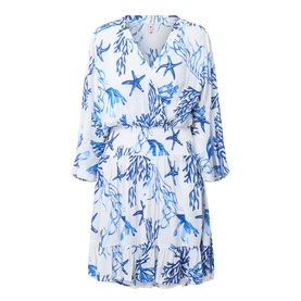 Naia Beach Celia La Mer Print Kaftan in white and blue ocean print, V-neckline, shirred waist, flared sleeves and skirt, mini length