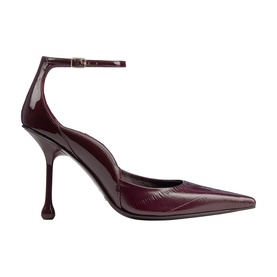 Jimmy Choo deep merlot patent leather pointed-toe pump with ankle strap and sculptural stiletto heel