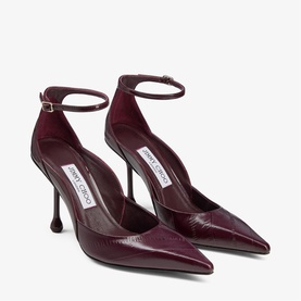 Jimmy Choo deep merlot patent leather pointed-toe heels with ankle strap and sculptural stiletto heel