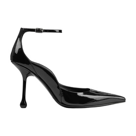 Jimmy Choo black patent leather pointed-toe pump with sculptural stiletto heel and ankle strap with gold-tone buckle