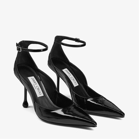 Jimmy Choo black patent leather pointed-toe heels with ankle strap buckle fastening and stiletto heel