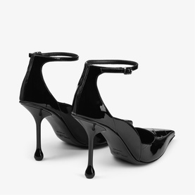 Jimmy Choo black patent leather stiletto heels with ankle strap buckle detail and sculptural curved heel, rear view