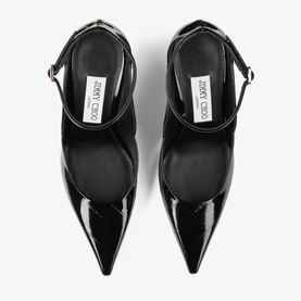 Jimmy Choo black patent leather pointed-toe heels with ankle strap and silver buckle, seen from above