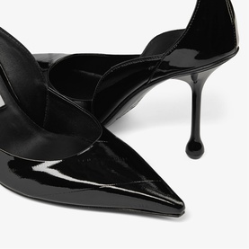Jimmy Choo black patent leather pointed-toe stiletto heels with curved topline detail, close-up shot