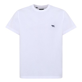 White crew neck T-shirt with small dark animal logo embroidery on chest, short sleeves, clean minimalist design
