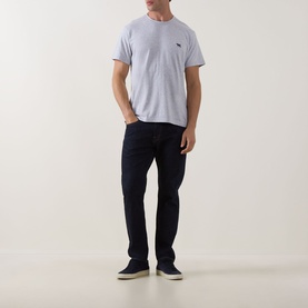 Model wearing Rodd & Gunn The Gunn 2.0 T-Shirt in light grey with embroidered logo, styled with dark navy jeans and grey trainers.