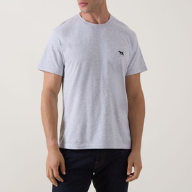 Model wearing Rodd & Gunn The Gunn 2.0 T-Shirt in light grey, featuring crew neck, short sleeves and embroidered pointer dog logo, styled with dark