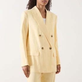 Model wearing Selected Femme Italian Straw blazer, double-breasted with gold buttons, styled with matching wide-leg trousers