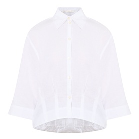 Selected Femme bright white linen-cotton cropped shirt with 3/4 sleeves, point collar, and button-front placket