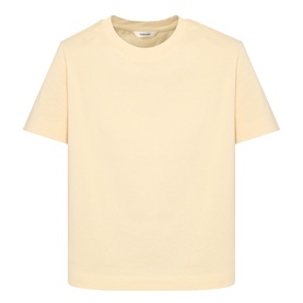 Selected Femme Essential Solid T-Shirt in Italian Straw, crew neck, short sleeves, boxy fit with dropped shoulders and straight hem