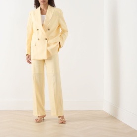 Model wearing Selected Femme Italian Straw linen-blend wide-leg trousers, styled with matching blazer and strappy sandals.