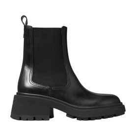 Jimmy Choo black leather chelsea boot with block heel, elastic side panel, and chunky lug sole
