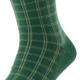 Falke hunter green checked socks with tonal windowpane grid pattern, shown as a close-up foot shot.