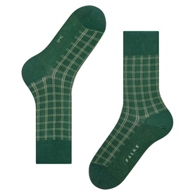 Falke Hunter Green men's socks with cream tartan check pattern, shown as a flat lay pair displaying heel and sole detail.
