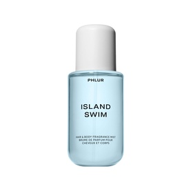 Phlur Island Swim Hair and Body Mist in a light blue bottle with white pump cap