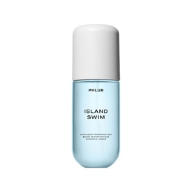 Phlur Island Swim Hair and Body Mist in a light blue bottle with white cap, fragrance mist format