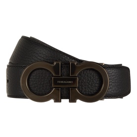 Salvatore Ferragamo black hickory leather belt with double Gancini bronzed buckle