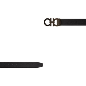 Salvatore Ferragamo black hickory leather belt with dark Gancini buckle, shown full length and detail of pin holes.