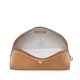 Aspinal of London caramel leather cosmetics pouch, open to show grey fabric interior, gold-tone zip and stud detail