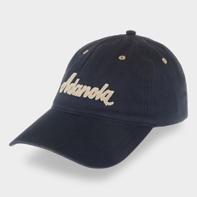 Adanola Signature Appliqu&eacute; Logo Baseball Cap in navy with cream script logo, curved brim, gold eyelets, and adjustable fastening.