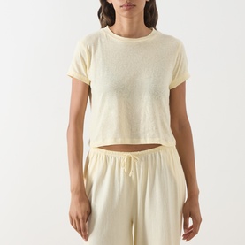 Model wearing Adanola ButterCream cotton crop T-shirt, styled with matching drawstring wide-leg trousers.