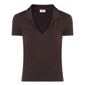 Adanola Coffee Bean knit polo top with open V-neck collar and short sleeves in cotton blend fabric