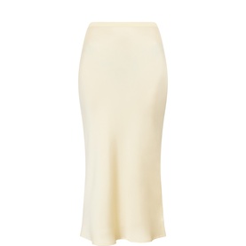 Anine Bing Bar Silk Skirt in butter yellow, bias-cut midi length with flared hem and fitted hip silhouette in silk finish.
