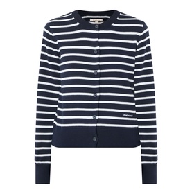 Barbour Baiton Striped Cardigan in Dark Navy Stripe, round neck, full button fastening, ribbed trims, long sleeves
