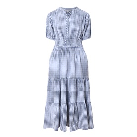 Barbour Ashwell Gingham Tiered Dress in Multi Gingham, notched neckline with self-tie, short puff sleeves, shirred waist, midi-length tiered skirt