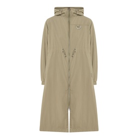 Khaki longline hooded zip-up parka with front pockets, D-ring detail, and split hem