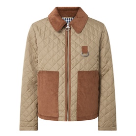 Barbour Aylesby Quilted Jacket in Dusky Green with tan corduroy collar, patch pockets, D-ring detail, and front zip fastening