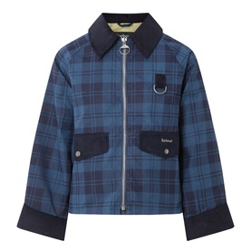 Barbour Baiton Check Print Jacket in Weathered Marine, tonal check pattern, corduroy collar and cuffs, front zip, D-ring detail, flap pockets