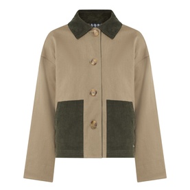 Barbour Cloverdale Logo Jacket in Dusky Green, short-length cotton design with contrasting corduroy collar, patch pockets and front button fastening
