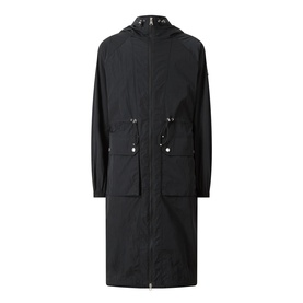 Barbour International black hooded longline jacket with drawstring waist, front pockets, and silver press-stud details in polyamide