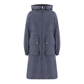 Barbour International jacket in Odyssey blue, hooded longline style with drawstring waist, zip fastening and large front patch pockets
