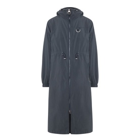 Barbour Gracefield Showerproof Jacket in Dark Navy, long parka silhouette with hood, front zip, D-ring detail and elasticated cuffs