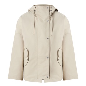 Barbour Kingswood Showerproof Jacket in Light Sand, adjustable drawstring hood, snap button placket, angled flap pockets, straight hem