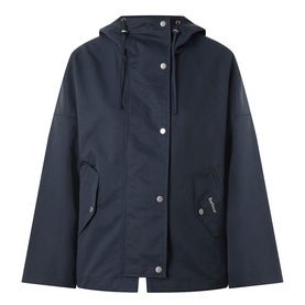 Barbour Kingswood Showerproof Jacket in Dark Navy, hooded with snap button placket, angled flap pockets and dropped shoulders