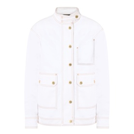 Barbour International Kyla Biker Denim Jacket in Denim White with gold buttons, contrast stitching, stand collar, and four flap pockets