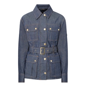 Barbour International International Denim Trench Jacket in dark blue with gold-tone hardware, belted waist, four flap pockets and point collar.