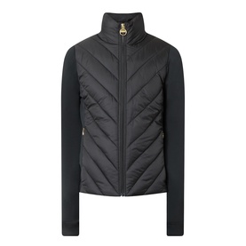 Barbour International black quilted jacket with gold zip, chevron stitch body panel and stretch knit sleeves
