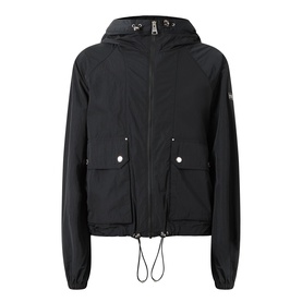 Barbour International black hooded windbreaker jacket with drawstring hem, snap-button flap pockets, and silver-tone hardware