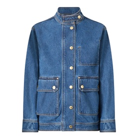 Barbour International Nikki Biker Denim Jacket in Denim Blue with stand collar, gold-tone snap buttons, oversized flap pockets and contrast stitching
